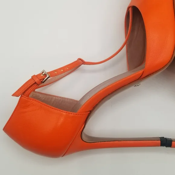 GUCCI Malage Kid Vibrant Orange Leather Studded T-strap Pump EU 36.5